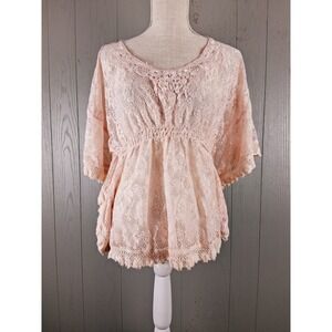 Vintage Y2K Lace Top Womens M Peach‎ Fairy Cottagecore Coquette Babydoll Fringe